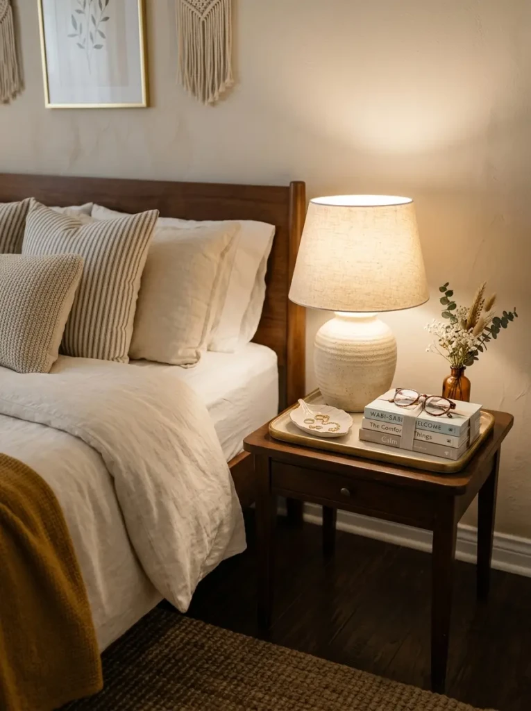 Elegant nightstand with ceramic lamp, jewelry dish, stacked books, tray, and small flower vase.