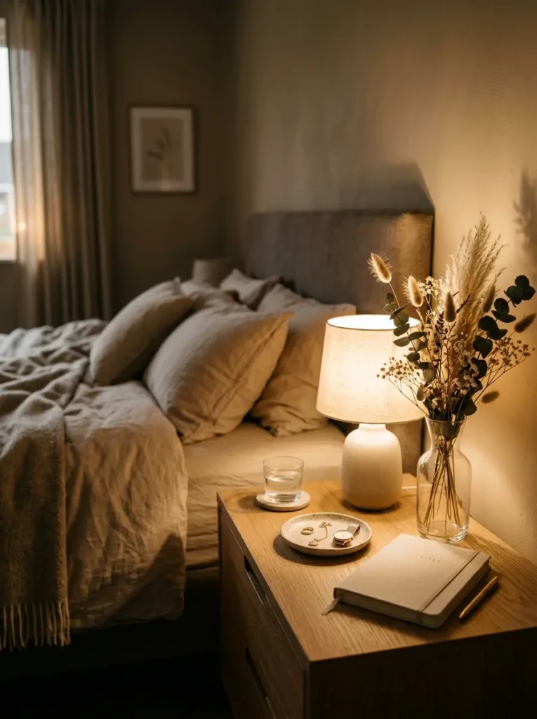 Aesthetic nightstand with dried flowers, glowing lamp, and soft cozy bedroom decor.
