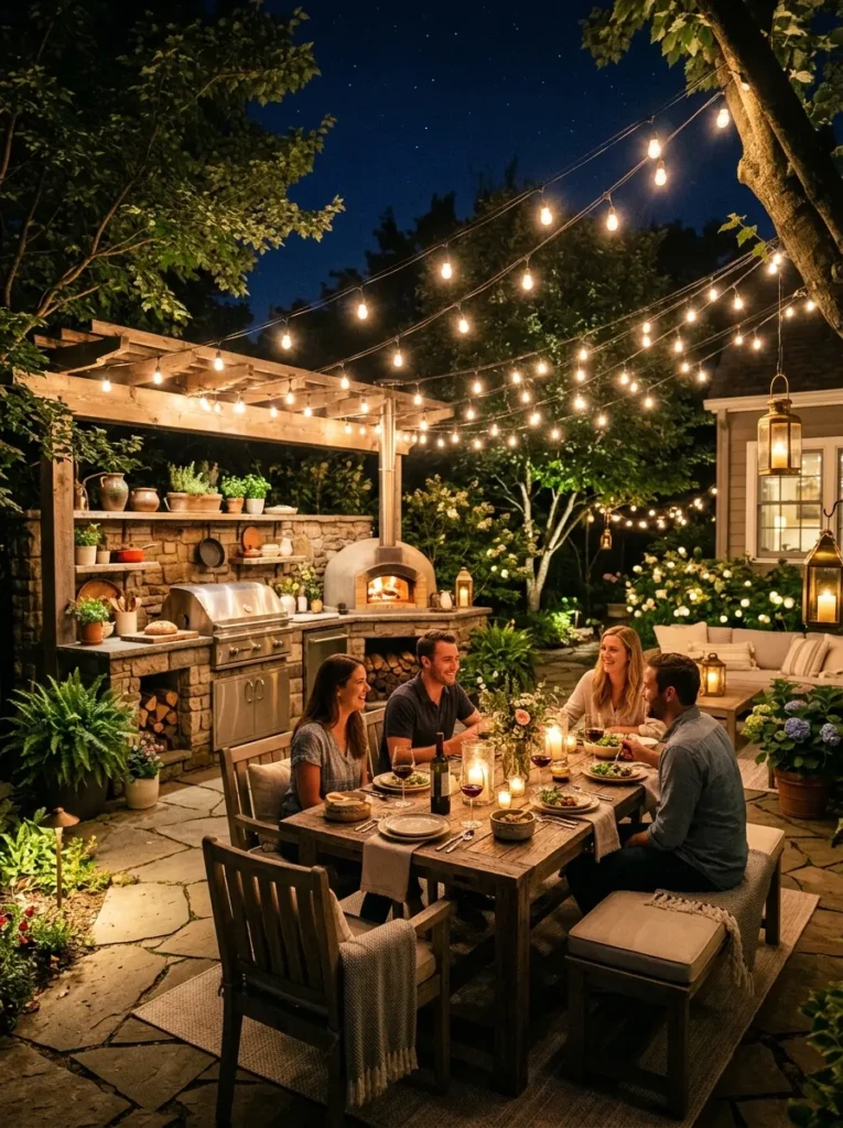 Small outdoor kitchen illuminated with warm string lights and cozy nighttime patio ambiance.