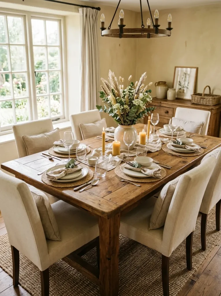 Natural oak dining table with cream chairs, woven placemats, and cozy neutral textures.