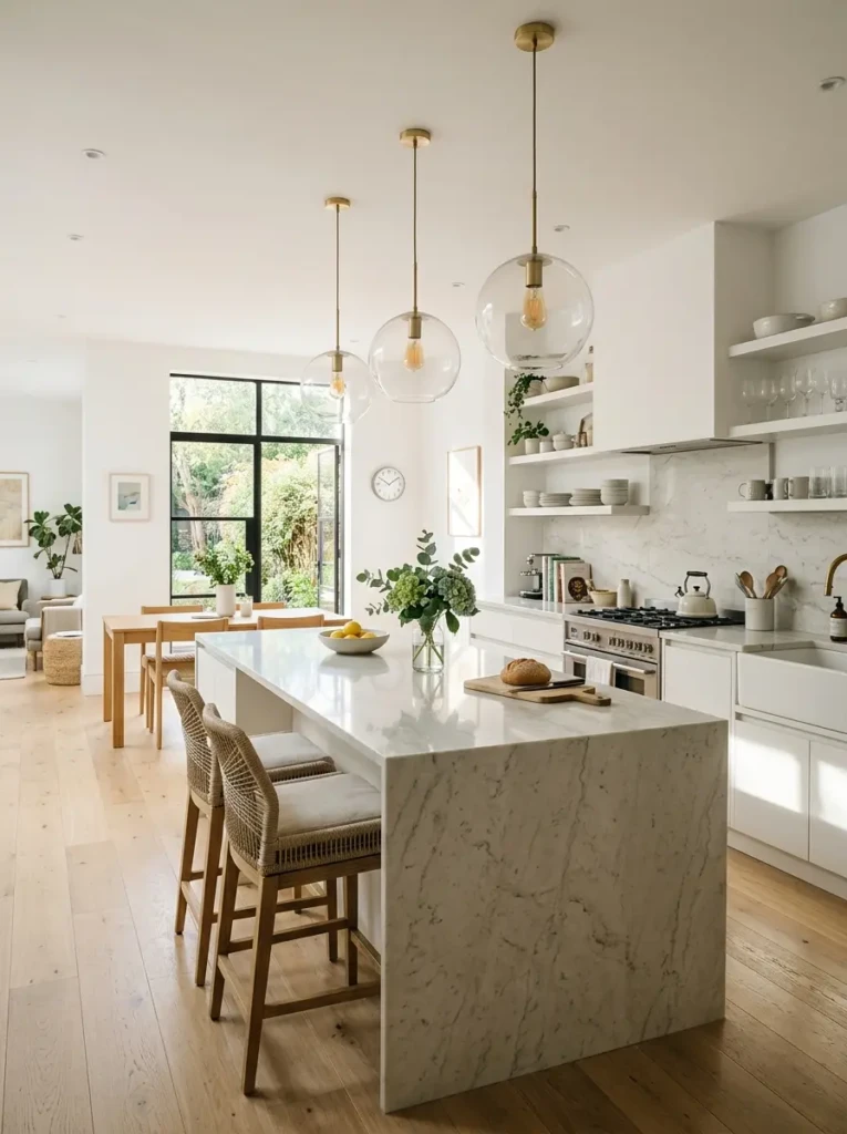 Pale stone countertops, light wood flooring, and glass lighting fixtures reflecting natural sunlight.
