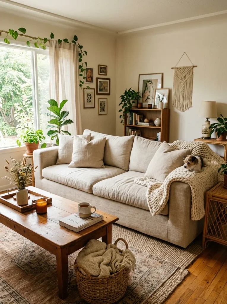 Low oatmeal linen sofa with oversized cushions, chunky throw blanket, wood coffee table, and relaxed boho living room decor.
