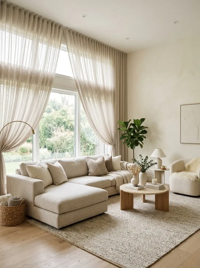 Elegant living room with oatmeal sheer drapes and warm airy atmosphere.