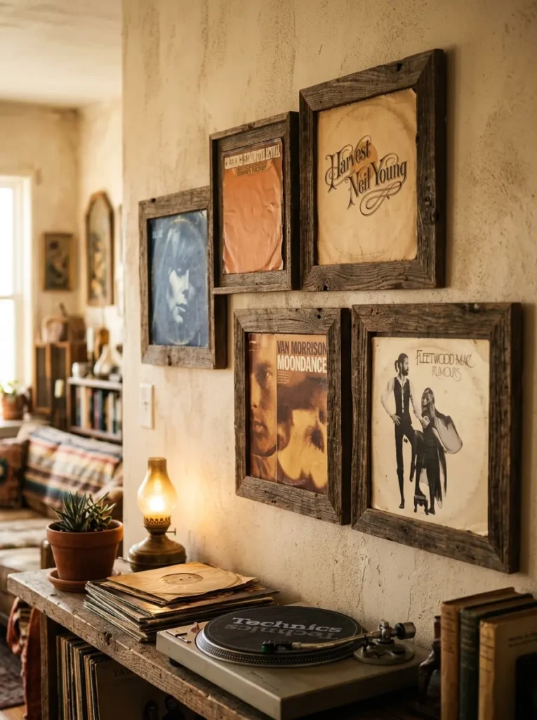 Close-up of old vinyl record sleeves in wooden frames with warm, golden lighting.