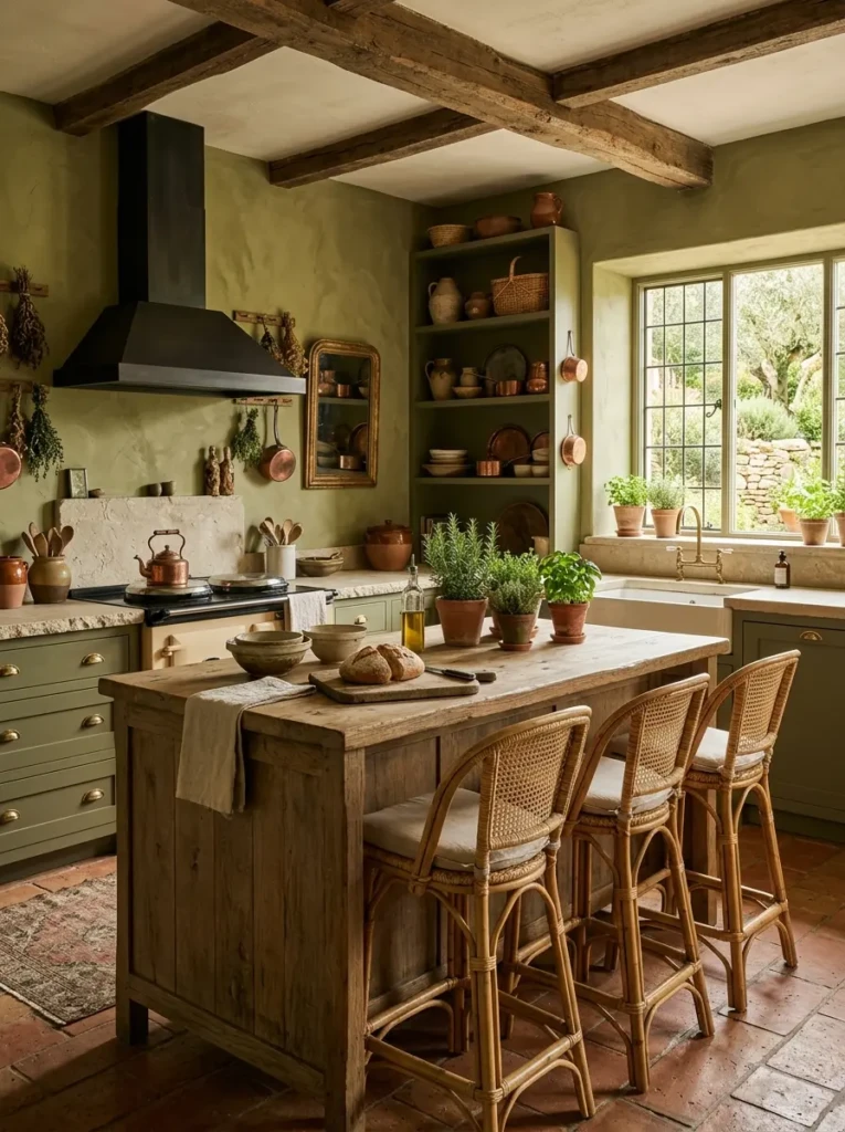 Olive green kitchen with terracotta decor, natural stone counters, and rustic wooden textures