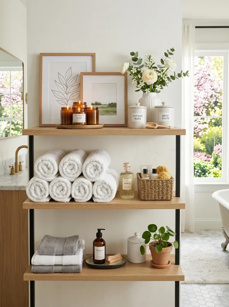 Open bathroom shelves styled with rolled towels, candles, and elegant neutral decor.