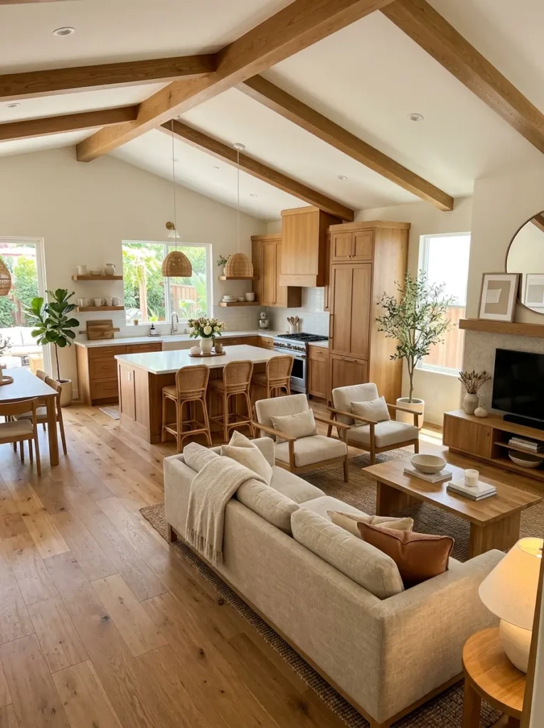Open plan kitchen and living room with consistent wood finishes and cohesive decor