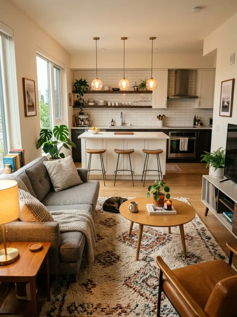 Small open plan space where a sofa separates the living room from the kitchen with a cozy rug