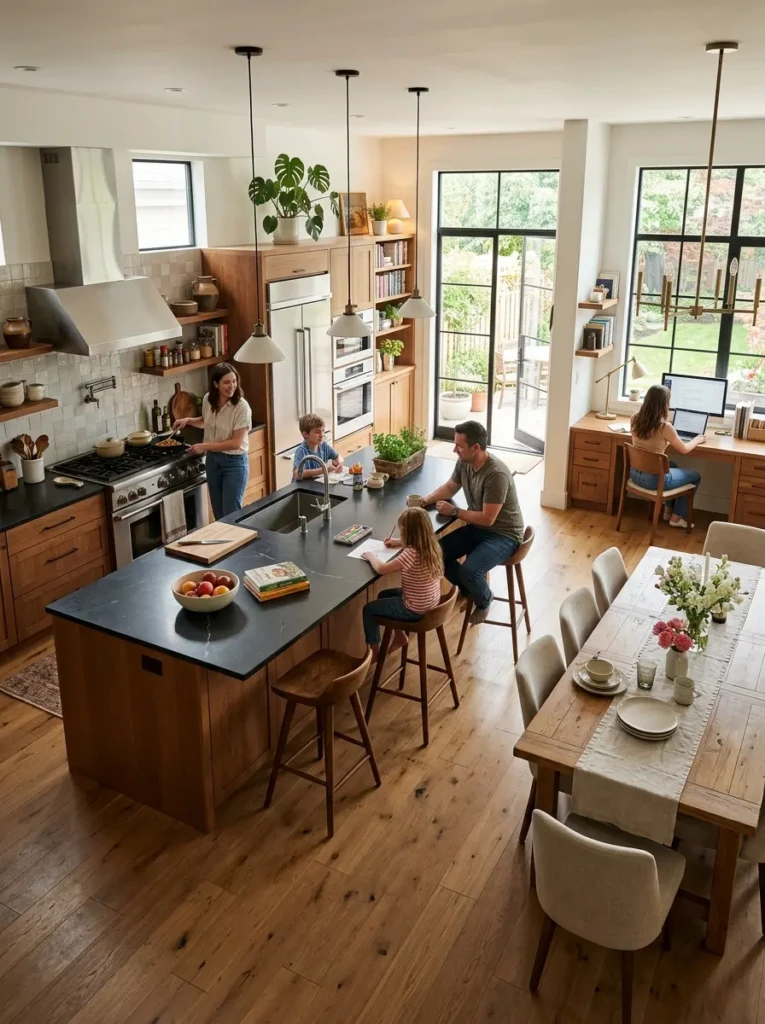 Open kitchen with dedicated cooking, dining, working, and socializing zones.
