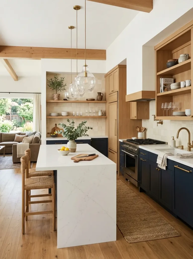 Organized open kitchen with clean surfaces, warm textures, and elegant finishes creating a welcoming atmosphere.