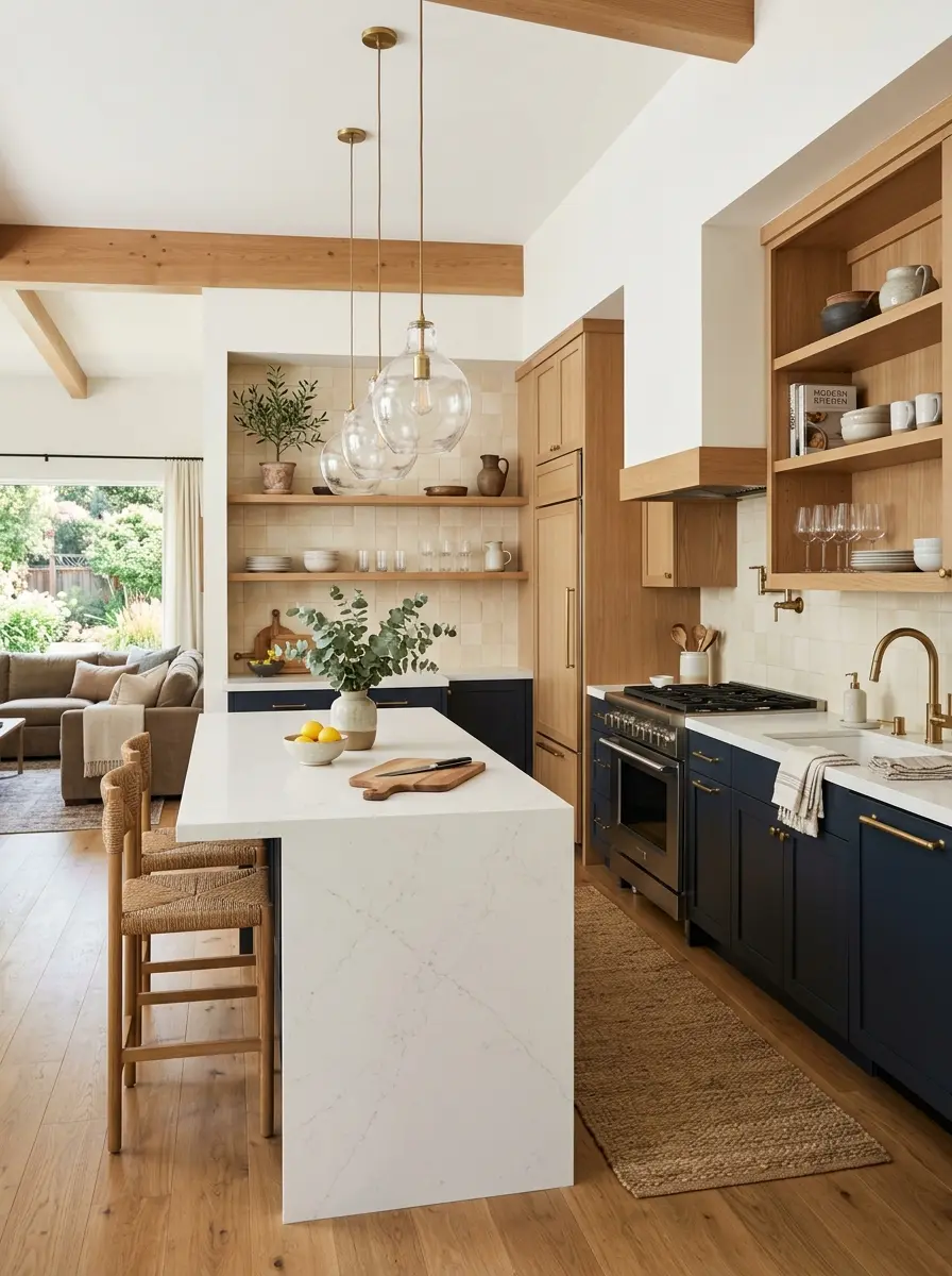 Organized open kitchen with clean surfaces, warm textures, and elegant finishes creating a welcoming atmosphere.