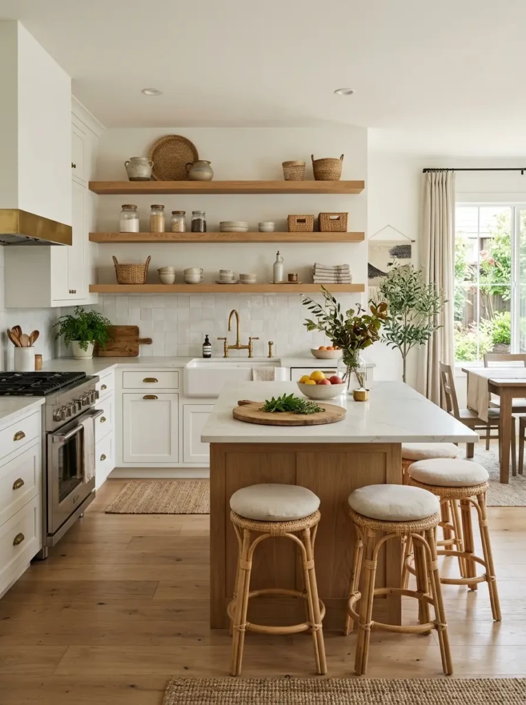 Open kitchen featuring oak shelves, brass hardware, woven textures, and white cabinetry.
