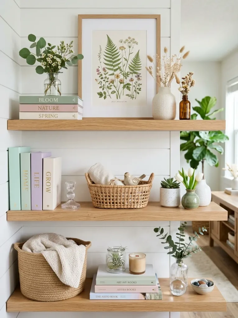 Open shelves styled with pastel books, small plants, ceramic vases, woven baskets, botanical art, glass accents, and light wood tones.