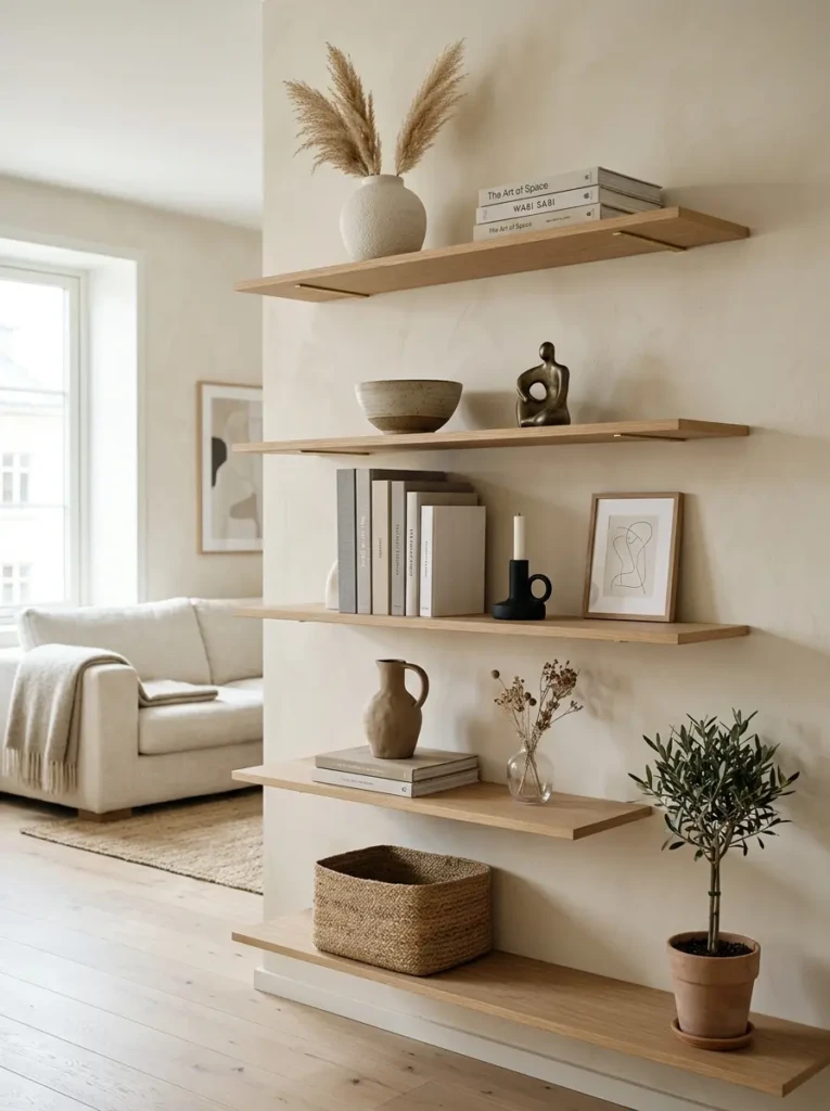 Modern apartment shelves with curated decor, soft neutral colors, and intentional empty space.