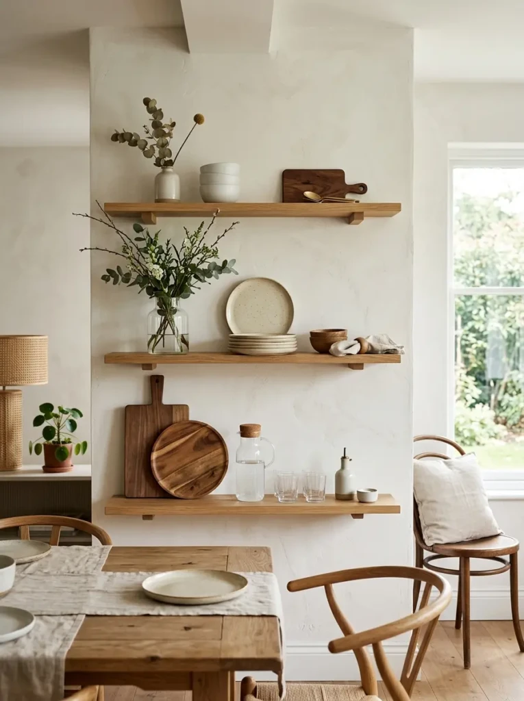 Minimal wooden shelving with neutral ceramics, serving boards, glass vases, and balanced decor.