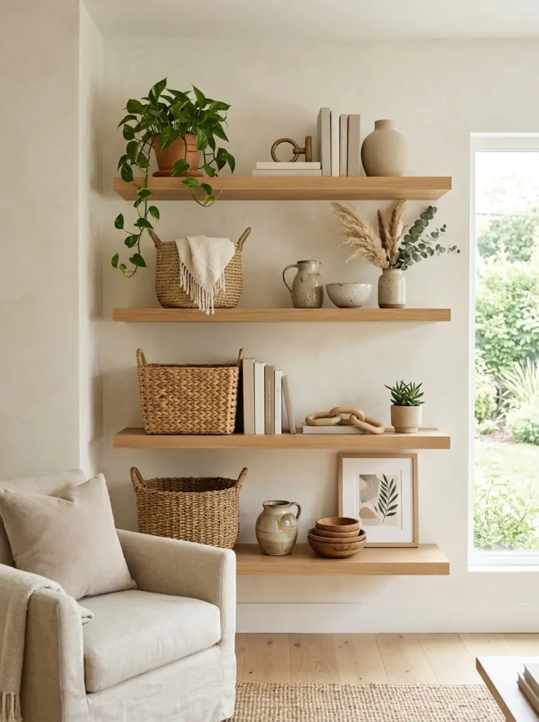 Neutral open shelving with baskets, greenery, and modern cozy decor styling.
