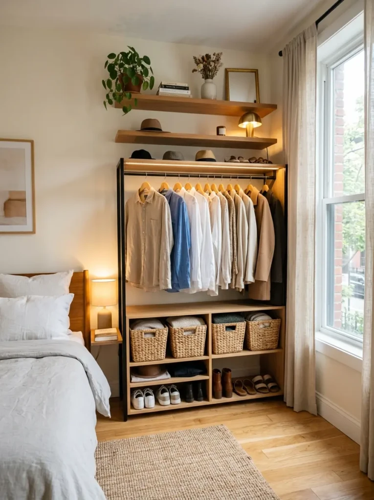 Small bedroom with open wardrobe, floating shelves, woven baskets, and cozy modern decor.