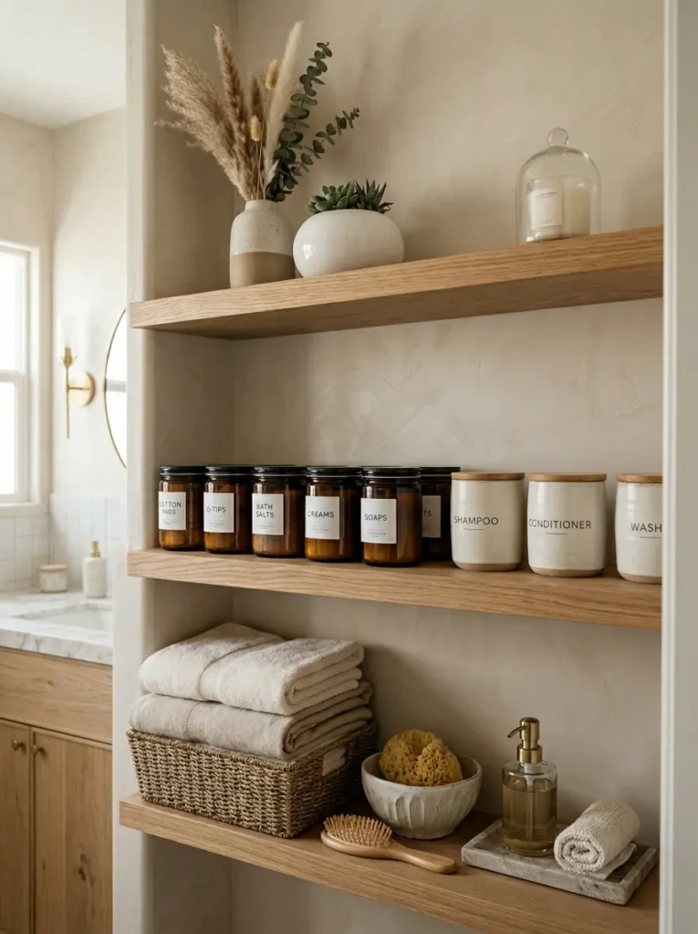 Stylish bathroom shelves with ceramic containers, wood textures, and neutral decor