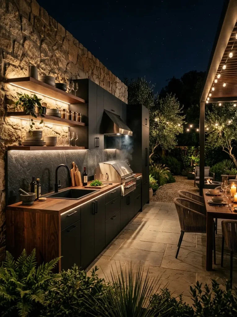 Matte black outdoor dirty kitchen with walnut wood counters and cozy lighting