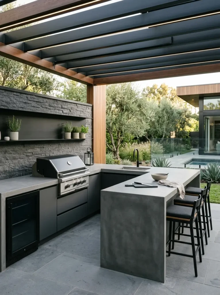 Modern outdoor kitchen featuring concrete countertops and black accents