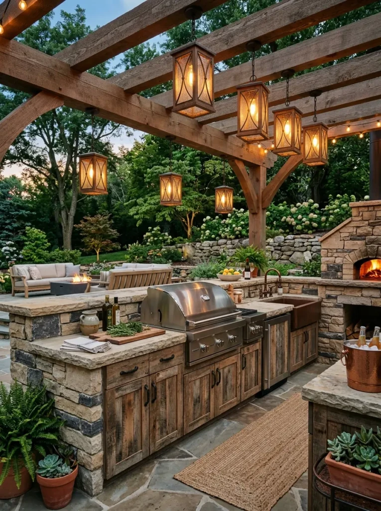 Outdoor kitchen featuring stacked stone countertops and reclaimed wood cabinetry