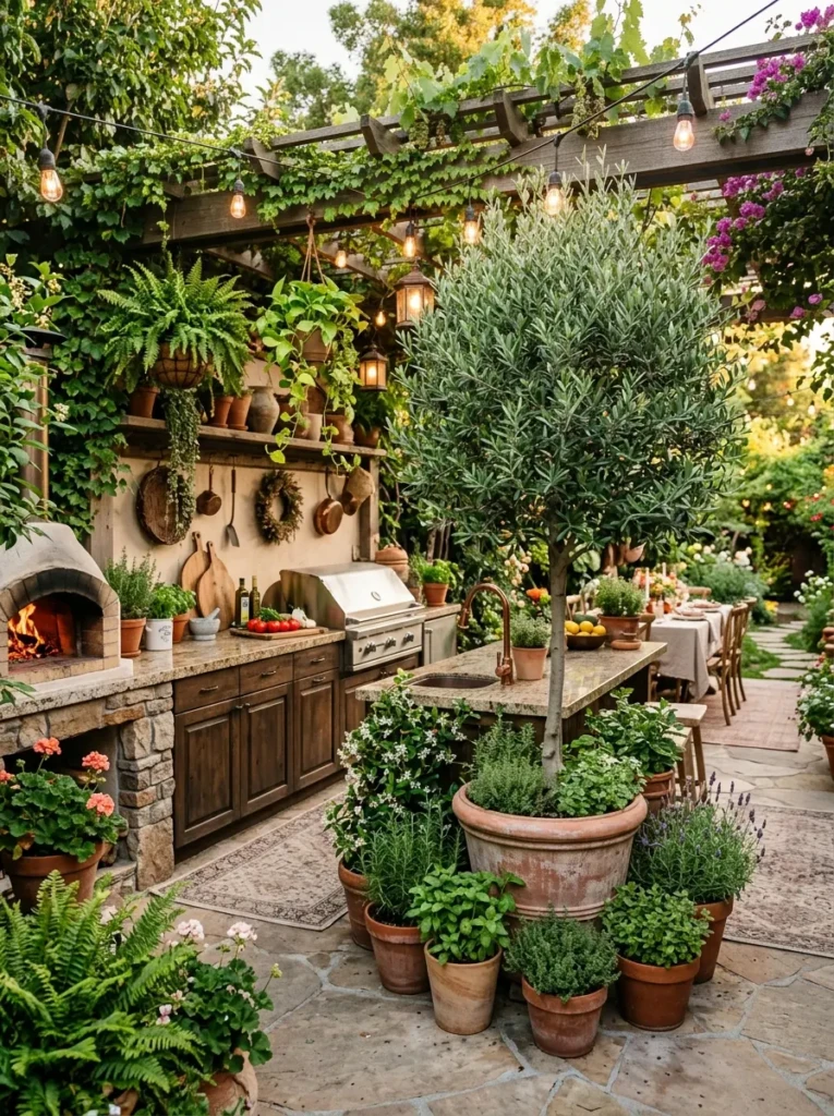 Outdoor kitchen decorated with olive trees, fresh herbs, hanging plants, and terracotta pots.