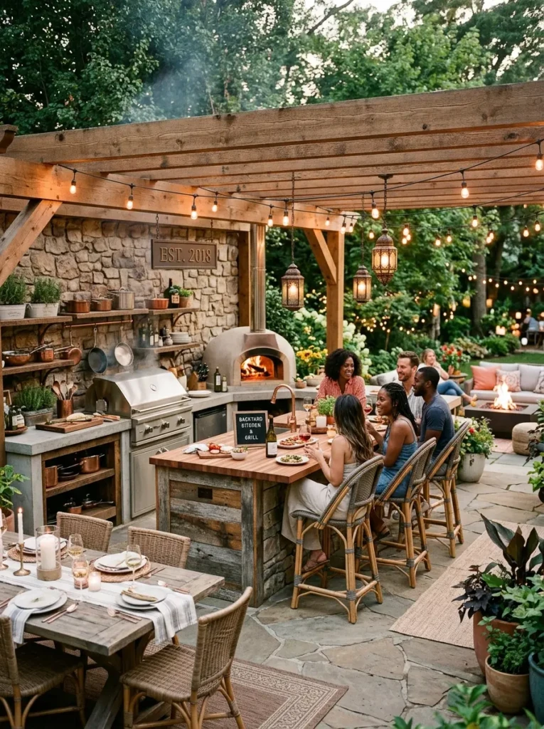 Stylish outdoor dirty kitchen with island seating and inviting social dining area