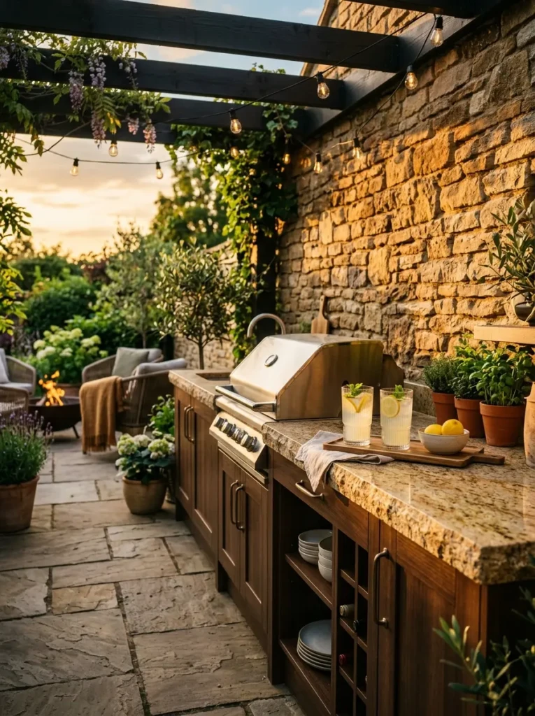 Small outdoor kitchen featuring natural stone countertops and warm evening lighting.