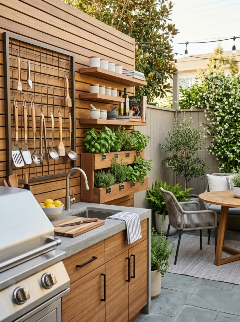 Compact outdoor kitchen with floating shelves, hanging utensils, and wall-mounted herb storage.