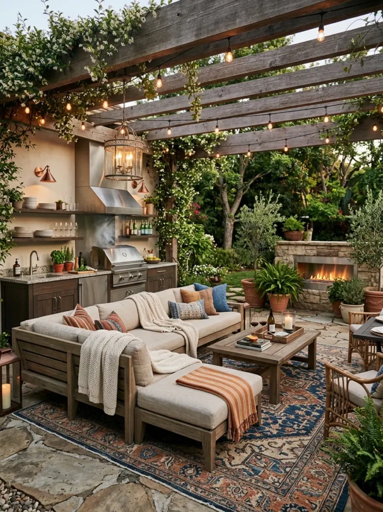 Outdoor kitchen with sectional seating, rug, and decorative lighting