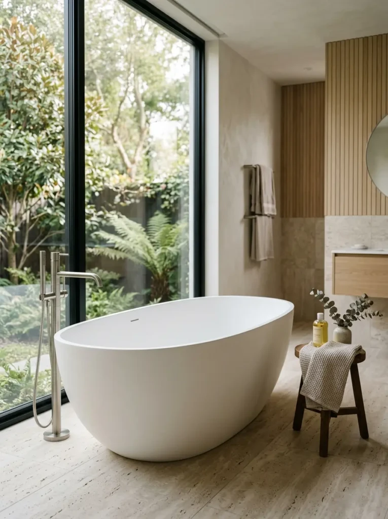 A stylish freestanding bathtub placed near a window in a modern luxury bathroom with minimal decor and natural light.