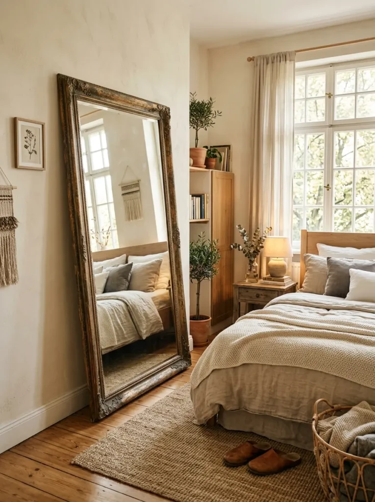Oversized vintage mirror leaning against wall in airy neutral cozy bedroom