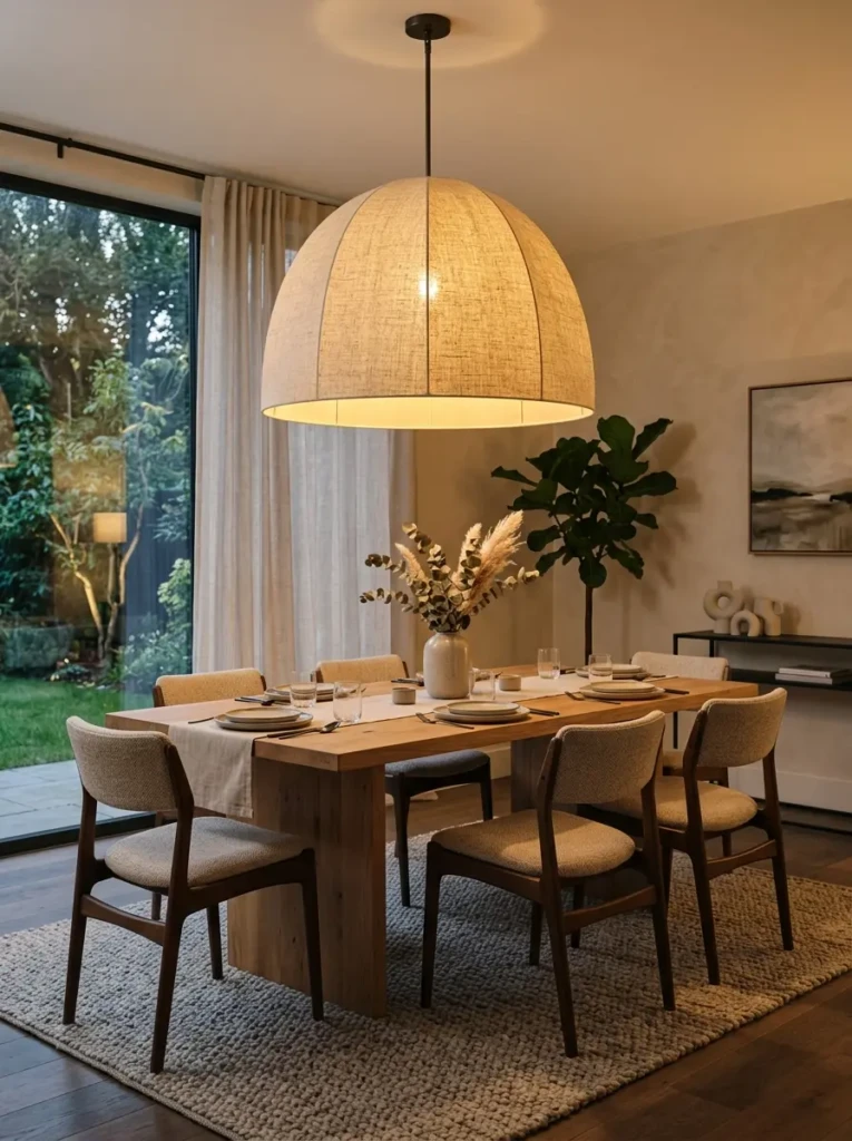 Large pendant dining room table light above wooden table in cozy modern dining room