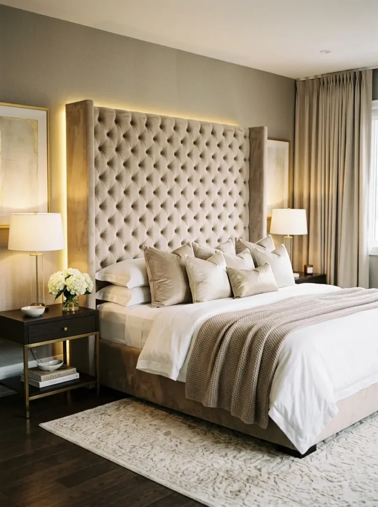 Luxury bedroom featuring an oversized velvet headboard with warm cozy decor