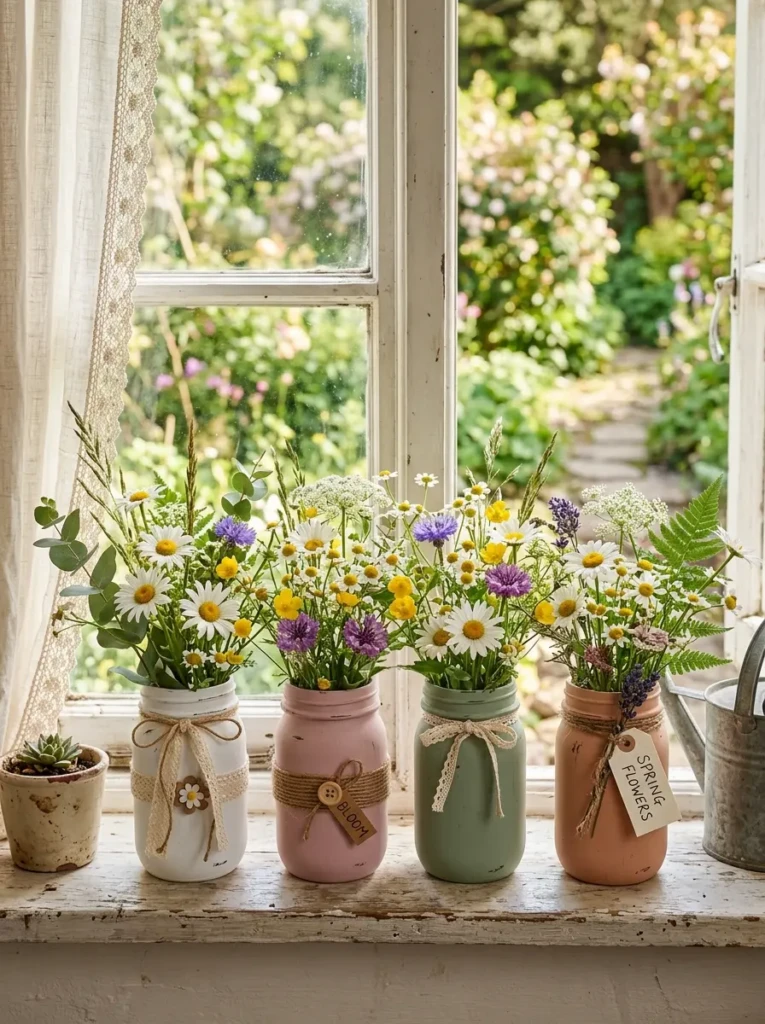 Matte painted mason jars in soft spring colors filled with daisies and wildflowers on a sunny windowsill.