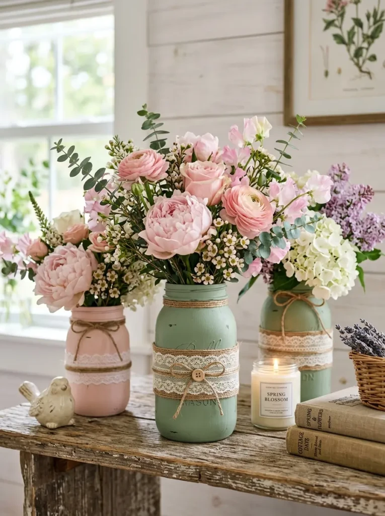 Hand-painted mason jars wrapped in twine and lace with soft pastel flower arrangements