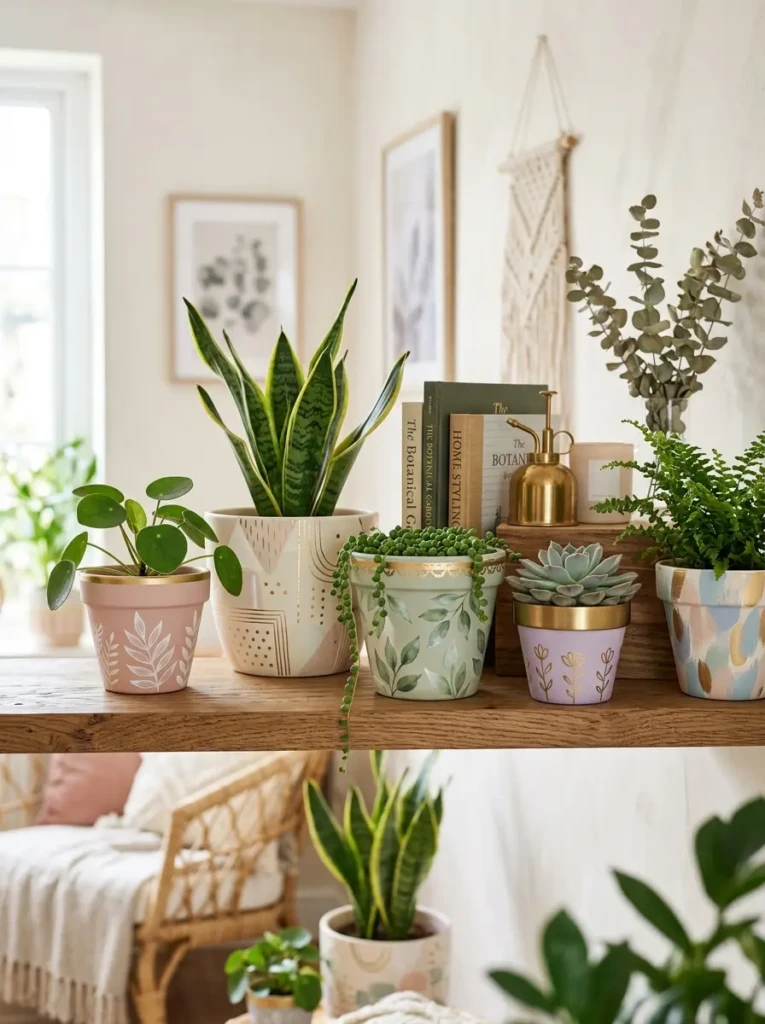Decorative painted flower pots with gold accents and soft spring-inspired colors