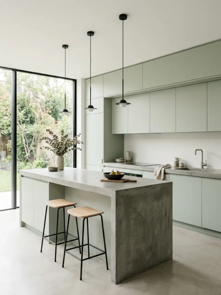Minimalist pale green kitchen with sleek cabinets, concrete counters, and soft natural light