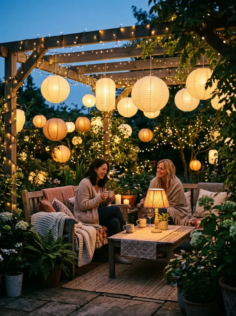 Bedroom with string lights and paper lanterns creating a dreamy and calming glow