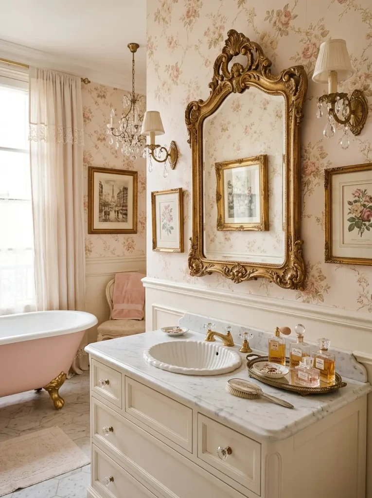 Romantic Parisian bathroom with blush tones, ornate gold mirror, marble sink, floral wallpaper, sconces, and vintage decor.