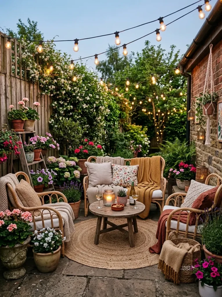 Small patio with string lights, woven textures, and cozy spring seating area