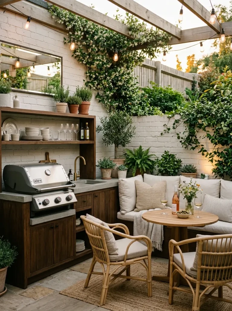 Tiny patio transformed into a charming outdoor kitchen with warm wood accents and cozy lighting.