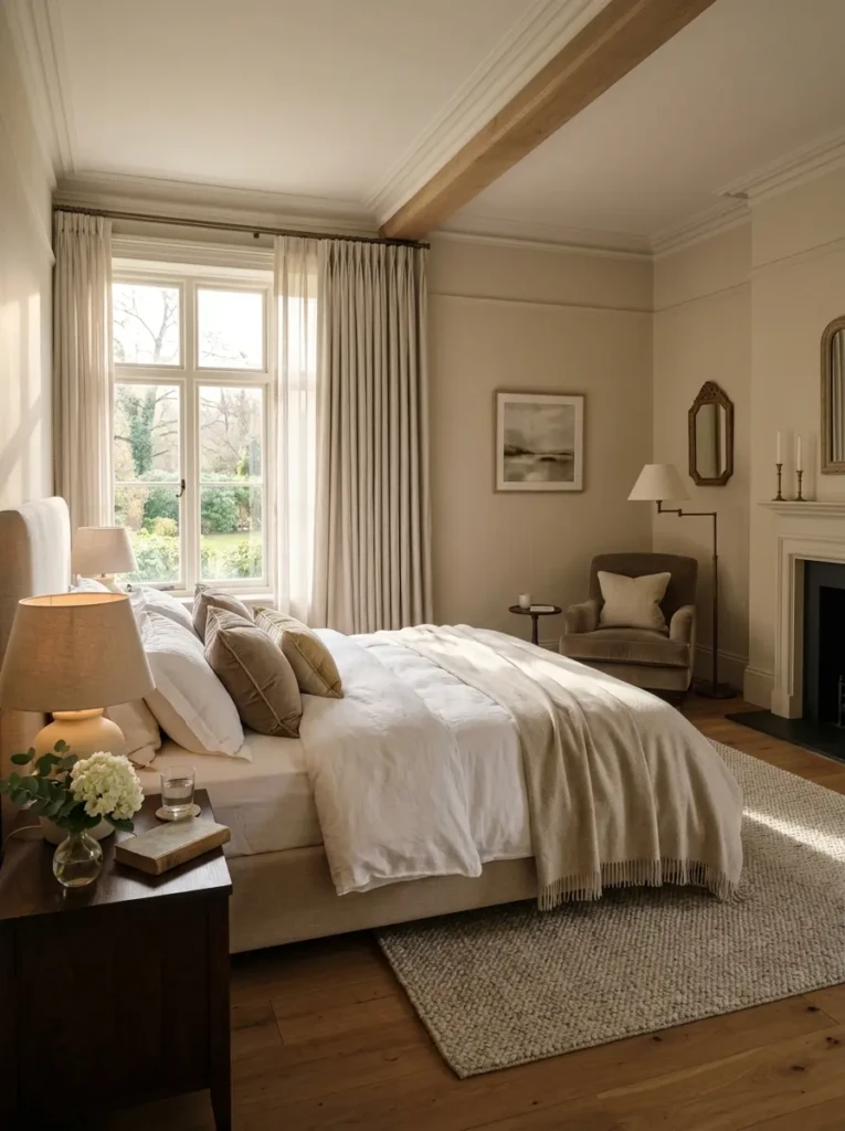 Calm luxury bedroom with plush bedding, soft sunlight, and warm neutral tones