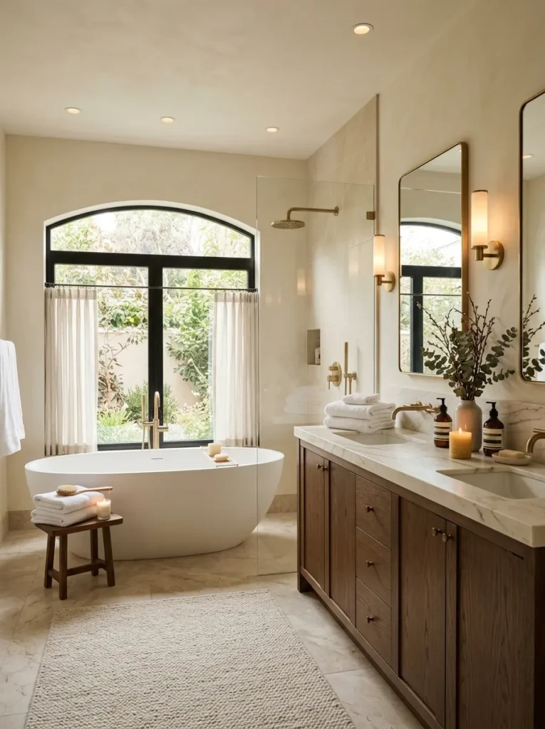 Peaceful luxury bathroom with soft neutral palette, inviting textures, and effortless modern elegance.