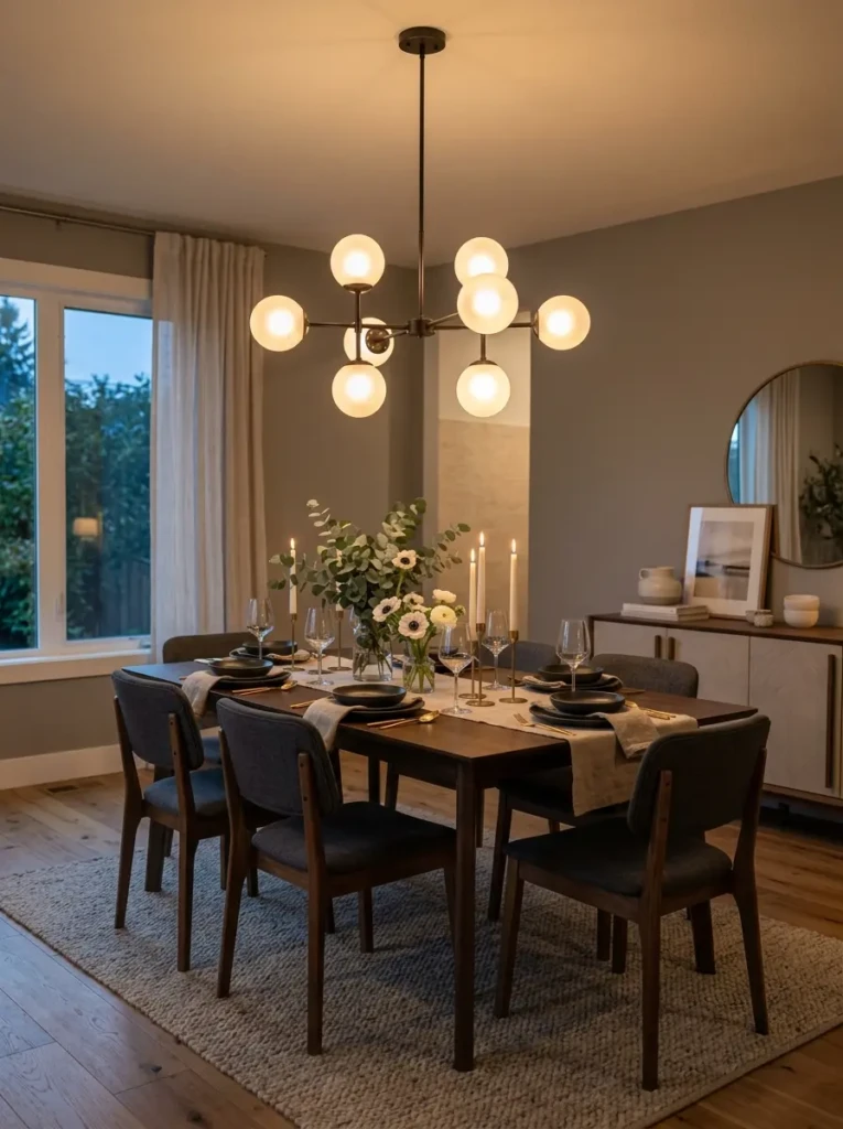 Properly hung pendant light centered above dining table in elegant cozy dining room