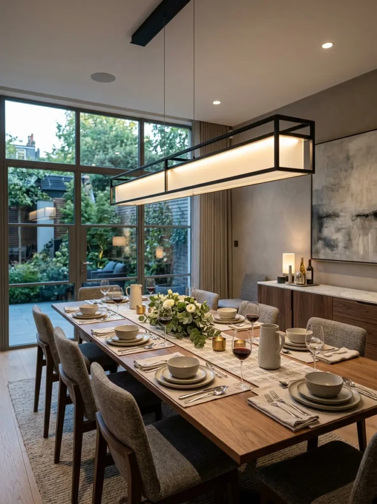 Long linear pendant lighting above modern extended dining table