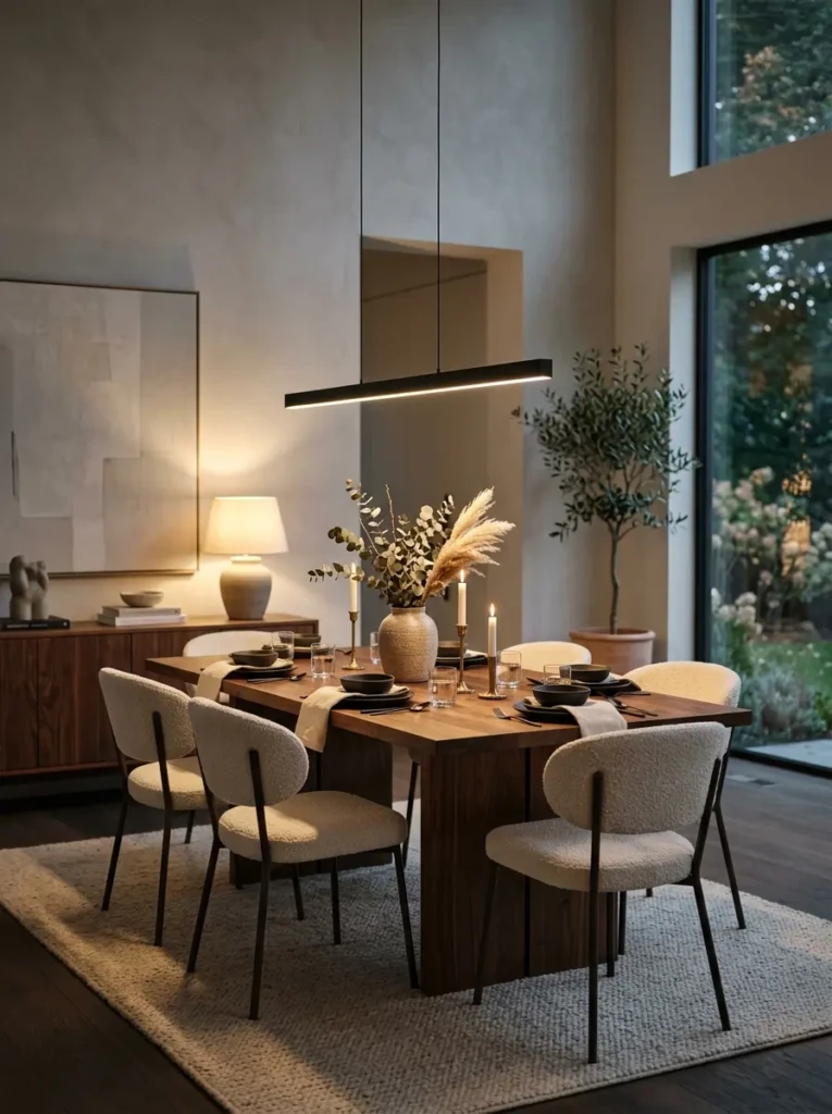 Sleek black linear pendant light in stylish contemporary dining room
