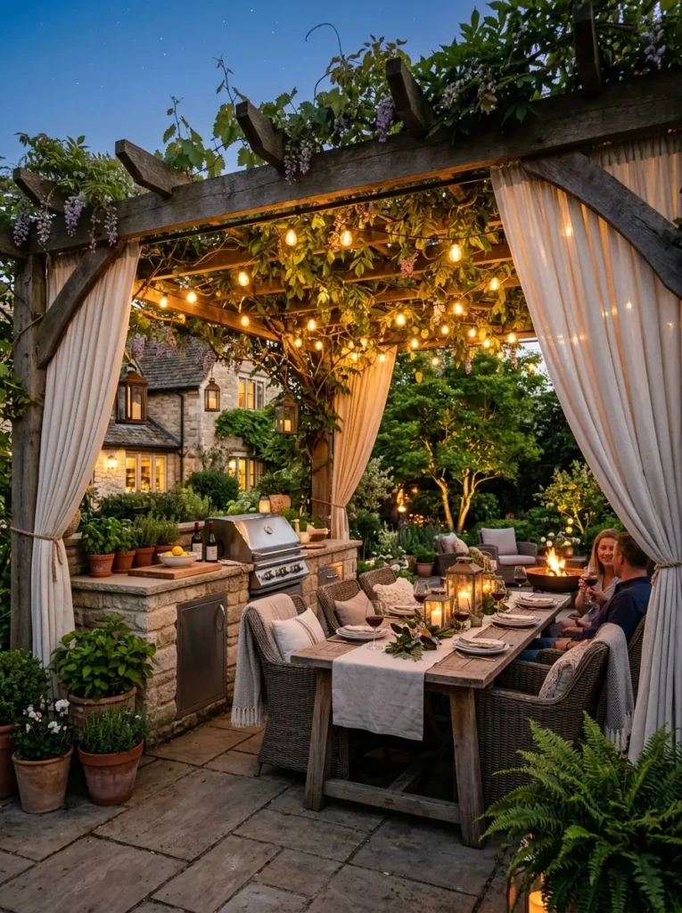 Elegant outdoor kitchen with pergola, hanging lights, and lush greenery