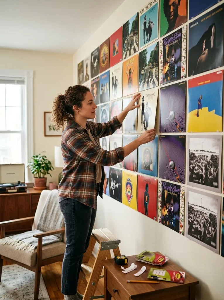 A person attaching album covers to a wall using adhesive strips for a full-wall decor setup.