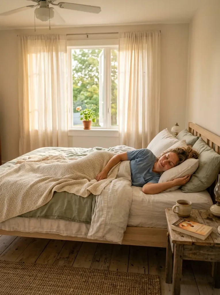 Person resting in a cozy bedroom with soft textures and warm natural light